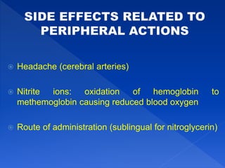  Headache (cerebral arteries)
 Nitrite ions: oxidation of hemoglobin to
methemoglobin causing reduced blood oxygen
 Route of administration (sublingual for nitroglycerin)
 