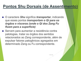 Pontos Shu Dorsais (de Assentimento)
 O caractere Shu significa transportar, indicando
que esses pontos transportam o Qi para os
órgãos e vísceras (onde o Qi dos Zang Fu
fluem para a superfície)
 Servem para aumentar a resistência contra
patologias, tratar os órgãos dos sentidos
relacionados ao Zang correspondente, além de
expulsar fatores patogênicos agregados em
determinado Zang ou Fu correspondente.
15/06/201
3
 