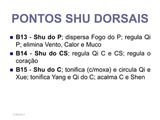 PONTOS SHU DORSAIS
 B13 - Shu do P; dispersa Fogo do P; regula Qi
P; elimina Vento, Calor e Muco
 B14 - Shu do CS; regula Qi C e CS; regula o
coração
 B15 - Shu do C; tonifica (c/moxa) e circula Qi e
Xue; tonifica Yang e Qi do C; acalma C e Shen
15/06/2013
 