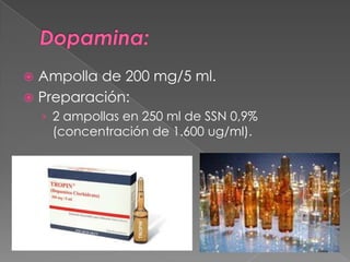  Ampolla de 200 mg/5 ml.
 Preparación:
    › 2 ampollas en 250 ml de SSN 0,9%
     (concentración de 1.600 ug/ml).
 