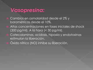    Cambios en osmolaridad desde el 2% y
    barométricos desde el 10%.
   Altas concentraciones en fases iniciales de shock
    (300 pg/ml). A la hora (< 30 pg/ml).
   Catecolaminas, acidosis, hipoxia y endotoxinas
    estimulan la liberación.
   Óxido nítrico (NO) inhibe su liberación.
 
