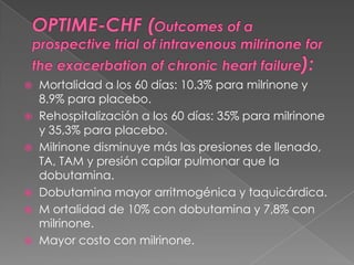  Mortalidad a los 60 días: 10.3% para milrinone y
  8.9% para placebo.
 Rehospitalización a los 60 días: 35% para milrinone
  y 35,3% para placebo.
 Milrinone disminuye más las presiones de llenado,
  TA, TAM y presión capilar pulmonar que la
  dobutamina.
 Dobutamina mayor arritmogénica y taquicárdica.
 M ortalidad de 10% con dobutamina y 7,8% con
  milrinone.
 Mayor costo con milrinone.
 