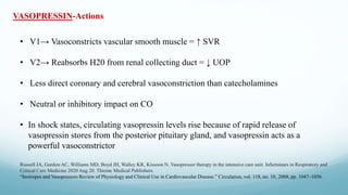 VASOPRESSIN-Actions
• V1→ Vasoconstricts vascular smooth muscle = ↑ SVR
• V2→ Reabsorbs H20 from renal collecting duct = ↓ UOP
• Less direct coronary and cerebral vasoconstriction than catecholamines
• Neutral or inhibitory impact on CO
• In shock states, circulating vasopressin levels rise because of rapid release of
vasopressin stores from the posterior pituitary gland, and vasopressin acts as a
powerful vasoconstrictor
Russell JA, Gordon AC, Williams MD, Boyd JH, Walley KR, Kissoon N. Vasopressor therapy in the intensive care unit. InSeminars in Respiratory and
Critical Care Medicine 2020 Aug 20. Thieme Medical Publishers.
“Inotropes and Vasopressors Review of Physiology and Clinical Use in Cardiovascular Disease.” Circulation, vol. 118, no. 10, 2008, pp. 1047–1056.
 