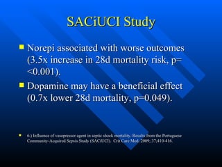 SACiUCI Study Norepi associated with worse outcomes (3.5x increase in 28d mortality risk, p= <0.001). Dopamine may have a beneficial effect (0.7x lower 28d mortality, p=0.049). 6.) Influence of vasopressor agent in septic shock mortality. Results from the Portuguese Community-Acquired Sepsis Study (SACiUCI).  Crit Care Med. 2009; 37;410-416. 