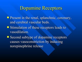 Dopamine Receptors Present in the renal, splanchnic, coronary, and cerebral vascular beds. Stimulation of these receptors leads to vasodilation. Second subtype of dopamine receptors causes vasoconstriction by inducing norepinephrine release 