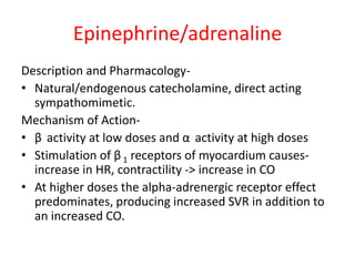 Epinephrine/adrenaline
Description and Pharmacology-
• Natural/endogenous catecholamine, direct acting
sympathomimetic.
Mechanism of Action-
• β activity at low doses and α activity at high doses
• Stimulation of β 1 receptors of myocardium causes-
increase in HR, contractility -> increase in CO
• At higher doses the alpha-adrenergic receptor effect
predominates, producing increased SVR in addition to
an increased CO.
 