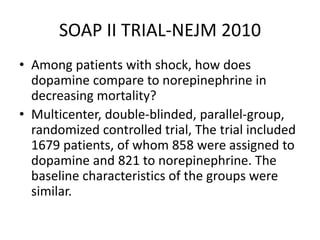 SOAP II TRIAL-NEJM 2010
• Among patients with shock, how does
dopamine compare to norepinephrine in
decreasing mortality?
• Multicenter, double-blinded, parallel-group,
randomized controlled trial, The trial included
1679 patients, of whom 858 were assigned to
dopamine and 821 to norepinephrine. The
baseline characteristics of the groups were
similar.
 