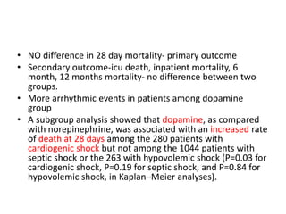• NO difference in 28 day mortality- primary outcome
• Secondary outcome-icu death, inpatient mortality, 6
month, 12 months mortality- no difference between two
groups.
• More arrhythmic events in patients among dopamine
group
• A subgroup analysis showed that dopamine, as compared
with norepinephrine, was associated with an increased rate
of death at 28 days among the 280 patients with
cardiogenic shock but not among the 1044 patients with
septic shock or the 263 with hypovolemic shock (P=0.03 for
cardiogenic shock, P=0.19 for septic shock, and P=0.84 for
hypovolemic shock, in Kaplan–Meier analyses).
 