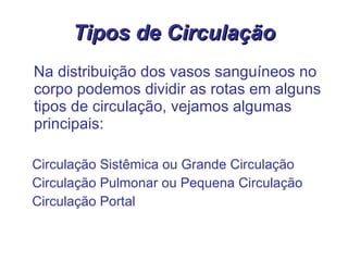 Tipos de Circulação Na distribuição dos vasos sanguíneos no corpo podemos dividir as rotas em alguns tipos de circulação, vejamos algumas principais: Circulação Sistêmica ou Grande Circulação Circulação Pulmonar ou Pequena Circulação Circulação Portal 