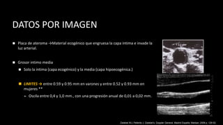 DATOS POR IMAGEN
◼ Placa de ateroma →Material ecogénico que engruesa la capa intima e invade la
luz arterial.
◼ Grosor intimo media
◼ Solo la intima (capa ecogénico) y la media (capa hipoecogénica.)
◼ LIMITES → entre 0.59 y 0.95 mm en varones y entre 0.52 y 0.93 mm en
mujeres **
➢ Oscila entre 0,4 y 1,0 mm., con una progresión anual de 0,01 a 0,02 mm.
Zwiebel WJ, Pellerito J. Zwiebel’s, Doppler General. Madrid España: Marban; 2008 p. 129-52.
 