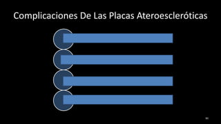 Complicaciones De Las Placas Ateroescleróticas
Rotura o ulceración.
Hemorragia sobre placa.
Ateroembolia.
Formación de un aneurisma.
90
 