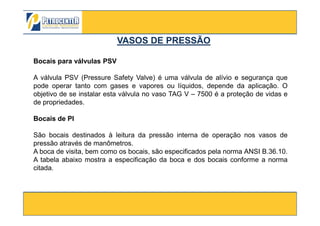 Bocais para válvulas PSV
A válvula PSV (Pressure Safety Valve) é uma válvula de alívio e segurança que
pode operar tanto com gases e vapores ou líquidos, depende da aplicação. O
objetivo de se instalar esta válvula no vaso TAG V – 7500 é a proteção de vidas e
de propriedades.
VASOS DE PRESSÃOVASOS DE PRESSÃO
3/10/2012 39
Bocais de PI
São bocais destinados à leitura da pressão interna de operação nos vasos de
pressão através de manômetros.
A boca de visita, bem como os bocais, são especificados pela norma ANSI B.36.10.
A tabela abaixo mostra a especificação da boca e dos bocais conforme a norma
citada.
 