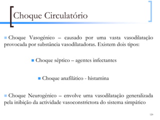 Choque Circulatório

  Choque Vasogénico – causado por uma vasta vasodilatação
provocada por substância vasodilatadoras. Existem dois tipos:

             Choque séptico – agentes infectantes


                Choque anafilático - histamina


  Choque Neurogénico – envolve uma vasodilatação generalizada
pela inibição da actividade vasoconstrictora do sistema simpático

                                                               120
 