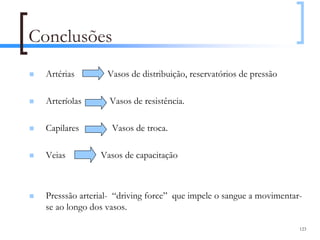 Conclusões
  Artérias        Vasos de distribuição, reservatórios de pressão

  Arteríolas      Vasos de resistência.

  Capilares        Vasos de troca.

  Veias         Vasos de capacitação



  Presssão arterial- “driving force” que impele o sangue a movimentar-
  se ao longo dos vasos.

                                                                     123
 