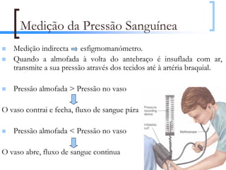 Medição da Pressão Sanguínea
   Medição indirecta esfigmomanómetro.
   Quando a almofada à volta do antebraço é insuflada com ar,
   transmite a sua pressão através dos tecidos até à artéria braquial.

   Pressão almofada > Pressão no vaso

O vaso contrai e fecha, fluxo de sangue pára

   Pressão almofada < Pressão no vaso

O vaso abre, fluxo de sangue continua
                                                                   23
 