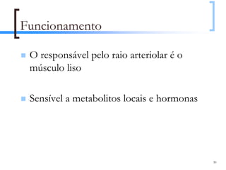 Funcionamento

 O responsável pelo raio arteriolar é o
 músculo liso

 Sensível a metabolitos locais e hormonas




                                            30
 