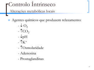 Controlo Íntrinseco
Alterações metabólicas locais

 Agentes químicos que produzem relaxamento:
    - ↓ O2
    - ↑CO2
    - ↓pH
    - ↑K+
    - ↑Osmolaridade
    - Adenosina
    - Prostaglandinas
                                              37
 