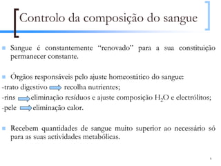 Controlo da composição do sangue

  Sangue é constantemente “renovado” para a sua constituição
  permanecer constante.

   Órgãos responsáveis pelo ajuste homeostático do sangue:
-trato digestivo     recolha nutrientes;
-rins     eliminação resíduos e ajuste composição H2O e electrólitos;
-pele      eliminação calor.

  Recebem quantidades de sangue muito superior ao necessário só
  para as suas actividades metabólicas.

                                                                    6
 