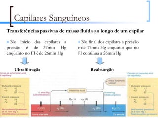 Capilares Sanguíneos
Transferências passivas de massa fluida ao longo de um capilar

  No inicio dos capilares a       No final dos capilares a pressão
pressão é de 37mm Hg            é de 17mm Hg enquanto que no
enquanto no FI é de 26mm Hg     FI continua a 26mm Hg


   Ultrafiltração                      Reabsorção




                                                                     68
 