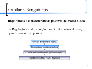 Capilares Sanguíneos

Importância das transferências passivas de massa fluida

   Regulação da distribuição dos fluidos extracelulares,
 principalmente do plasma

                    Redução do volume do plasma


                   Diminuição da pressão sanguínea


              Ocorre mais reabsorção do que ultrafiltração


                Restabelecimento do volume do plasma



                                                             69
 