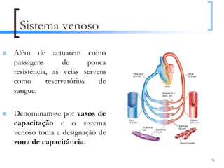 Sistema venoso
Além de actuarem como
passagens        de      pouca
resistência, as veias servem
como       reservatórios    de
sangue.

Denominam-se por vasos de
capacitação e o sistema
venoso toma a designação de
zona de capacitância.

                                 78
 