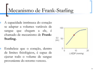 Mecanismo de Frank-Starling

A capacidade intrínseca do coração
se adaptar a volumes variáveis de
sangue que chegam a ele, é
chamado de mecanismo de Frank-
Starling.

Estabelece que o coração, dentro
de limites fisiológicos, é capaz de
ejectar todo o volume de sangue
proveniente do retorno venoso.

                                      81
 