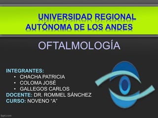 UNIVERSIDAD REGIONAL
AUTÓNOMA DE LOS ANDES
OFTALMOLOGÍA
INTEGRANTES:
• CHACHA PATRICIA
• COLOMA JOSÉ
• GALLEGOS CARLOS
DOCENTE: DR. ROMMEL SÁNCHEZ
CURSO: NOVENO “A”
 