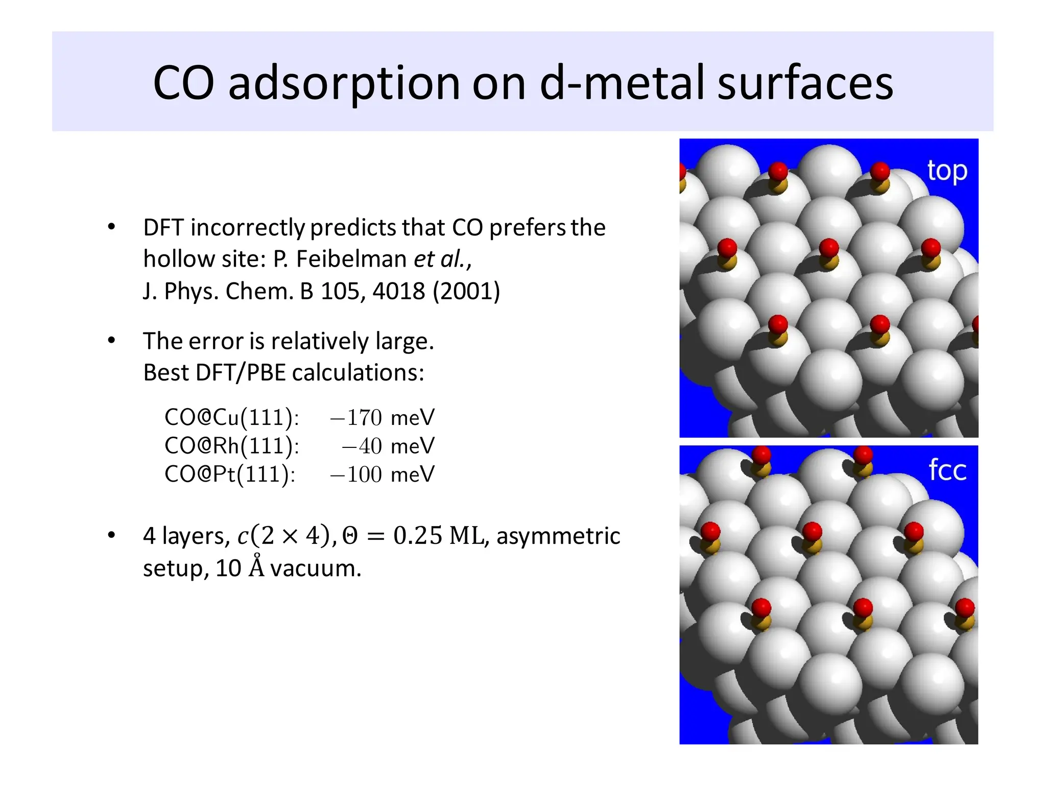 CO adsorption on d-metal surfaces
• DFT incorrectly predicts that CO prefersthe
hollow site: P. Feibelman et al.,
J. Phys. Chem. B 105, 4018 (2001)
• The error is relatively large.
Best DFT/PBE calculations:
• 4 layers, 𝑐 2 × 4 , Θ = 0.25 ML, asymmetric
setup, 10 Å vacuum.
 