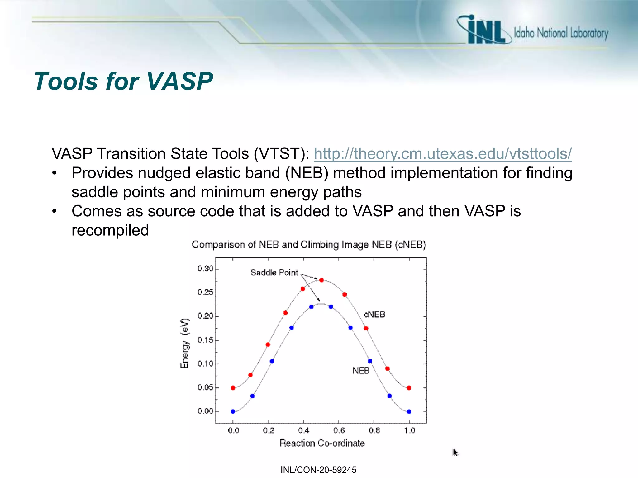 INL/CON-20-59245
Tools for VASP
VASP Transition State Tools (VTST): http://theory.cm.utexas.edu/vtsttools/
• Provides nudged elastic band (NEB) method implementation for finding
saddle points and minimum energy paths
• Comes as source code that is added to VASP and then VASP is
recompiled
 