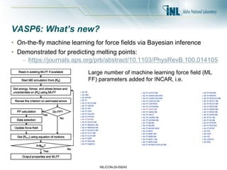 INL/CON-20-59245
VASP6: What’s new?
• On-the-fly machine learning for force fields via Bayesian inference
• Demonstrated for predicting melting points:
– https://journals.aps.org/prb/abstract/10.1103/PhysRevB.100.014105
Large number of machine learning force field (ML
FF) parameters added for INCAR, i.e.
 