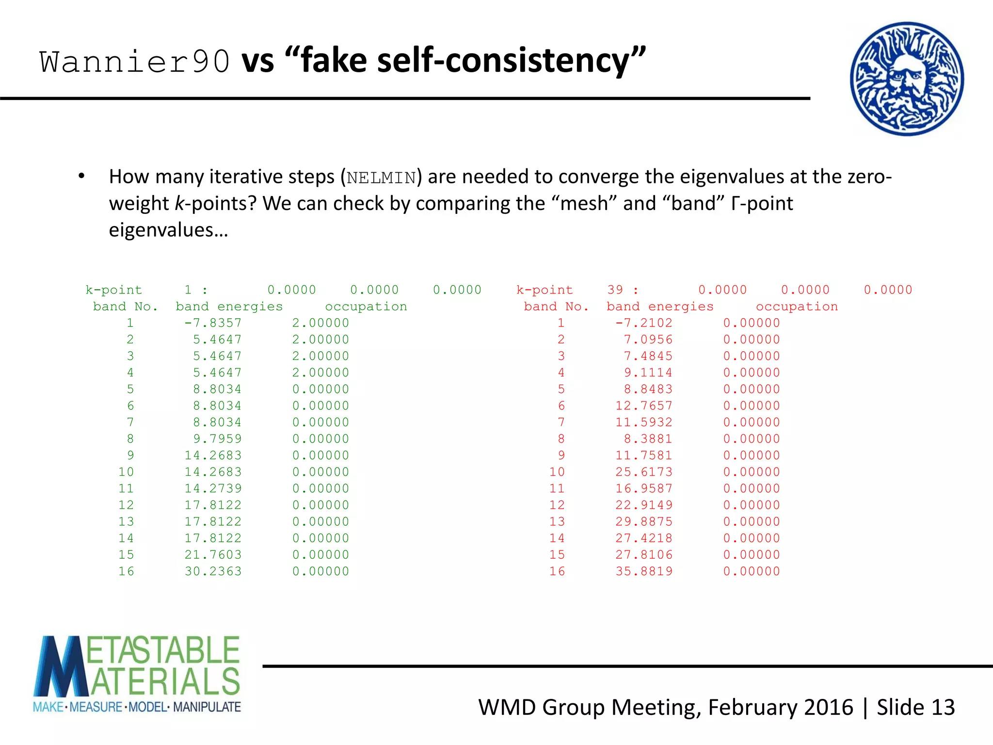 WMD Group Meeting, February 2016 | Slide 13
• How many iterative steps (NELMIN) are needed to converge the eigenvalues at the zero-
weight k-points? We can check by comparing the “mesh” and “band” Γ-point
eigenvalues…
Wannier90 vs “fake self-consistency”
k-point 1 : 0.0000 0.0000 0.0000
band No. band energies occupation
1 -7.8357 2.00000
2 5.4647 2.00000
3 5.4647 2.00000
4 5.4647 2.00000
5 8.8034 0.00000
6 8.8034 0.00000
7 8.8034 0.00000
8 9.7959 0.00000
9 14.2683 0.00000
10 14.2683 0.00000
11 14.2739 0.00000
12 17.8122 0.00000
13 17.8122 0.00000
14 17.8122 0.00000
15 21.7603 0.00000
16 30.2363 0.00000
k-point 39 : 0.0000 0.0000 0.0000
band No. band energies occupation
1 -7.2102 0.00000
2 7.0956 0.00000
3 7.4845 0.00000
4 9.1114 0.00000
5 8.8483 0.00000
6 12.7657 0.00000
7 11.5932 0.00000
8 8.3881 0.00000
9 11.7581 0.00000
10 25.6173 0.00000
11 16.9587 0.00000
12 22.9149 0.00000
13 29.8875 0.00000
14 27.4218 0.00000
15 27.8106 0.00000
16 35.8819 0.00000
 