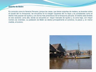  Distrito de Belén
Es conocido como la Venecia Peruana, porque las casas, que tienen soportes de madera, se levantan sobre
el caudal del río Amazonas. Se encuentra en la margen izquierda del río Itaya y es considerado como el
distrito más popular de Iquitos y uno de los más pintorescos de la Amazonía peruana. El distrito está dividido
en dos sectores: zona alta, donde se encuentra el mayor mercado de Iquitos y; la zona baja, con mayor
número de viviendas. La población de Belén se dedica principalmente al comercio, la pesca y, en menor
medida, al turismo.
 