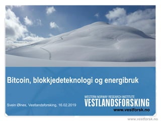www.vestforsk.no
Bitcoin, blokkjedeteknologi og energibruk
Svein Ølnes, Vestlandsforsking, 16.02.2019
 
