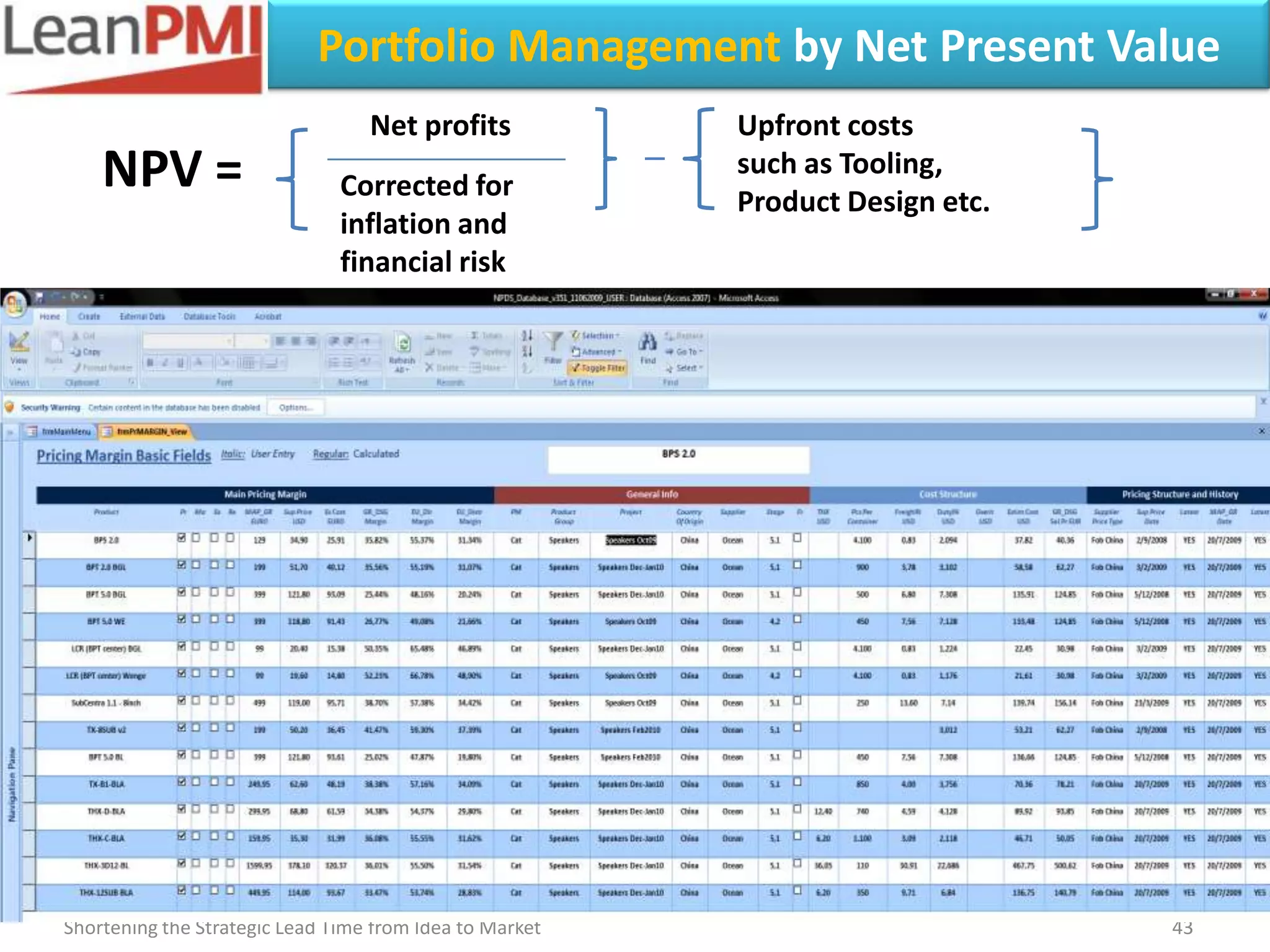Portfolio Management by Net Present Value
                                  Net profits            Upfront costs
    NPV =                      Corrected for
                                                         such as Tooling,
                                                         Product Design etc.
                               inflation and
                               financial risk




Shortening the Strategic Lead Time from Idea to Market                         43
 