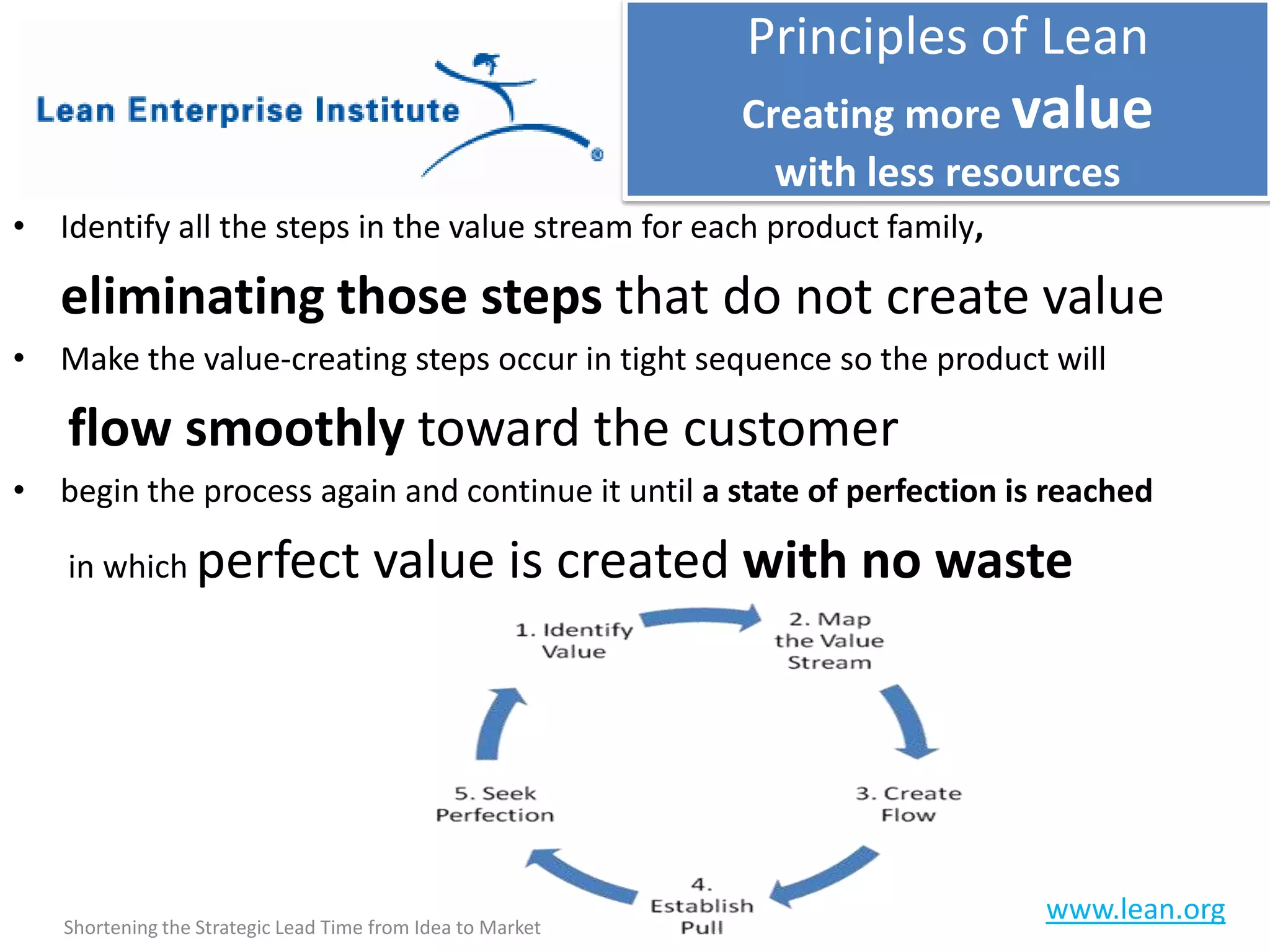 Principles of Lean
                                                            Creating more value
                                                              with less resources
• Identify all the steps in the value stream for each product family,

   eliminating those steps that do not create value
• Make the value-creating steps occur in tight sequence so the product will

   flow smoothly toward the customer
• begin the process again and continue it until a state of perfection is reached

   in which perfect                  value is created with no waste




   Shortening the Strategic Lead Time from Idea to Market
                                                                           www.lean.org
 