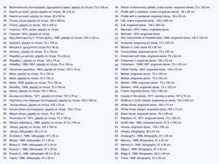 36 Μεταπολίτευση (λεπτομέρεια), (χρωματιστή αφίσα, χάραξη σε πέτρα) 73 x 105 εκ. 36 Return of democracy (detail), (color poster, engraved stone) 73 x 105 cm
37 Κορίτσι με κολιέ, (μήτρα χάραξη σε πέτρα), 36 x 50 εκ. 37 Profile with a necklace, (matrix engraved stone), 36 x 50 cm
38 Κορίτσι με κολιέ, χάραξη σε πέτρα, 36 x 50 εκ. 38 Profile with a necklacse, engraved stone, 36 x 50 cm
39 Πτώση, μήτρα χάραξη σε πέτρα, 100 x 300 εκ. 39 Fall, matrix engraved stone, 100 x 300 cm
40 Πτώση, χάραξη σε πέτρα, 100 x 300 εκ. 40 Fall, engraved stone, 100 x 300 cm
41 Γοργόνα, 1974, μήτρα, χάραξη σε πέτρα 41 Mermaid, 1974, matrix, engraved stone
42 Γοργόνα, 1974, χάραξη σε πέτρα 42 Mermaid, 1974, engraved stone
43 Άρης Βελουχιώτης ή Ύστατο χρέος, 1986, χάραξη σε πέτρα, 120 x 120 εκ. 43 Aris Velouchiotis or Greatest debt, 1986, engraved stone, 120 x 120 cm
44 Αμαζόνα, χάραξη σε πέτρα, 73 x 105 εκ. 44 Amazone, engraving on stone, 73 x 105 cm
45 Μινωϊκό ΙΙ, χρωματιστή πέτρα 45 x 45 εκ. 45 Minoan II, color stone 45 x 45 cm
46 Κοπέλες, χάραξη σε πέτρα, 70 x 100 εκ. 46 Young ladies, engraved stone, 70 x 100 cm
47 Ψαράδες με καπέλα, χάραξη σε πέτρα, 70 x 62 εκ. 47 Fishermen with Hats, engraved stone, 70 x 62 cm
48 Ψαράδες I, χάραξη σε πέτρα, 105 x 75 εκ. 48 Fishermen I, engraved stone, 105 x 75 cm
49 Ψαράδες, 1956-1957, χάραξη σε πέτρα, 75 x 105 εκ. 49 Fishermen, 1956-1957, engraved stone, 75 x 105 cm
50 Οικογένεια ψαράδων, 1963, χάραξη σε πέτρα, 105 x 75 εκ. 50 Fisher Family, 1963, engraved stone, 105 x 75 cm
51 Μάνα, χάραξη σε πέτρα, 70 x 100 εκ. 51 Mother, engraved stone, 70 x 100 cm
52 Μάνα, χάραξη σε πέτρα, 70 x 100 εκ. 52 Mother, engraved stone, 70 x 100 cm
53 Μάνα, 1958, χάραξη σε πέτρα, 70 x 100 εκ. 53 Mother, 1958, engraved stone, 70 x 100 cm
54 Μανάδες, 1958, χάραξη σε πέτρα, 70 x 100 εκ. 54 Mothers, 1958, engraved stone, 70 x 100 cm
55 Δάσος, χάραξη σε πέτρα, 102 x 190 εκ. 55 Forest, engraved stone, 102 x 190 cm
56 Ζευγάρι στο δάσος, 1971, χάραξη σε πέτρα, 107 x 76 εκ. 56 Couple in the woods, 1971, carving in stone, 107 x 76 cm
57 Περίπατος στην Κέρκυρα (λεπτομέρεια), χάραξη σε πέτρα, 102 x 300 εκ. 57 Walking in Corfu (detail), engraving on stone, 102 x 300 cm
58 Άσπρο άλογο, χάραξη σε πέτρα, 105 x 73 εκ. 58 White Horse, engraved stone, 105 x 73 cm
59 Άσπρο άλογο (λεπτομέρεια), χάραξη σε πέτρα, 105 x 73 εκ. 59 White Horse (detail), engraved stone, 105 x 73 cm
60 Μαύρο άλογο, χάραξη σε πέτρα, 70 x 100 εκ. 60 Black Horse, engraved stone, 70 x 100 cm
61 Πλατυτέρα ΙV, 1971, χάραξη σε πέτρα, 73 x 105 εκ. 61 Platytera ΙV, 1971, engraved stone, 73 x 105 cm
62 Μικρός καβαλάρης, 1985, χάραξη σε πέτρα, 81,5 x 144 εκ. 62 Small rider, 1985, engraved stone, 81,5 x 144 cm
63 Άλογα, χάραξη σε πέτρα, 100 x 180 εκ. 63 Horses, engraved stone, 100 x 180 cm
64 Άλογα, λιθογραφία, 35 x 47 εκ. 64 Horses, lithography, 35 x 47 cm
65 Επέλαση Ι, 1986, λιθογραφία, 47 x 35 εκ 65 Οnslaught Ι, 1986, lithography, 47 x 35 cm
66 Μνήμη, 1986, λιθογραφία, 47 x 35 εκ. 66 Memory, 1986, lithography, 47 x 35 cm
67 Μνήμη ΙΙ, 1986, λιθογραφία, 47 x 35 εκ. 67 Memory II, 1986, lithography, 47 x 35 cm
68 Ελεγείο Ι, 1986, λιθογραφία, 47 x 35 εκ. 68 Elegy Ι, 1986, lithography, 47 x 35 cm
69 Ελεγείο ΙΙ, 1986, λιθογραφία, 46,3 x 35 εκ. 69 Elegy ΙΙ, 1986, lithography, 46,3 x 35 cm
70 Τόρσο, 1986, λιθογραφία, 47 x 35 εκ. 70 Torso, 1986, lithography, 47 x 35 cm
 