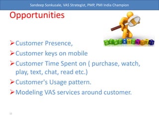 Sandeep Sonkusale, VAS Strategist, PMP, PMI India Champion
Opportunities
Customer Presence,
Customer keys on mobile
Customer Time Spent on ( purchase, watch,
play, text, chat, read etc.)
Customer's Usage pattern.
Modeling VAS services around customer.
11
 
