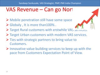 Sandeep Sonkusale, VAS Strategist, PMP, PMI India Champion
VAS Revenue – Can go North?
 Mobile penetration still have some space left.
 Globaly , It is more than100% .
 Target Rural customers with erstwhile VAS services.
 Target Urban customers with modern VAS services.
 Ties with strategic partners to bring value to
Customers.
 Innovative value building services to keep up with the
pace from Customers Expectation Point of View.
13
 