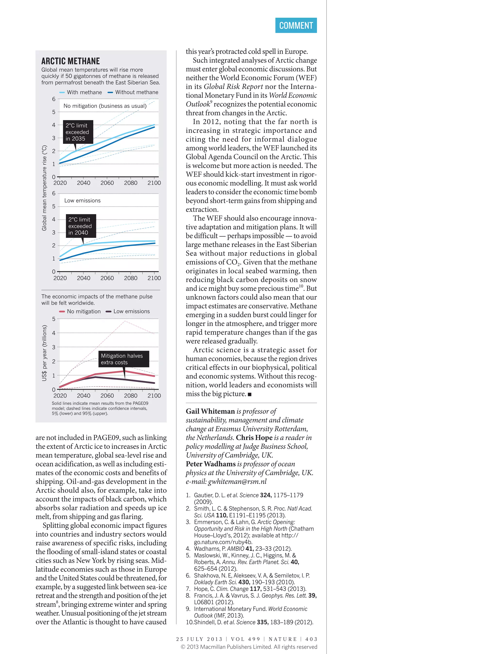 are not included in PAGE09, such as linking
the extent of Arctic ice to increases in Arctic
mean temperature, global sea-level rise and
ocean acidification, as well as including esti-
mates of the economic costs and benefits of
shipping. Oil-and-gas development in the
Arctic should also, for example, take into
account the impacts of black carbon, which
absorbs solar radiation and speeds up ice
melt, from shipping and gas flaring.
Splitting global economic impact figures
into countries and industry sectors would
raise awareness of specific risks, including
the flooding of small-island states or coastal
cities such as New York by rising seas. Mid-
latitude economies such as those in Europe
andtheUnitedStatescouldbethreatened,for
example, by a suggested link between sea-ice
retreatandthestrengthandpositionofthejet
stream8
, bringing extreme winter and spring
weather.Unusualpositioningofthejetstream
over the Atlantic is thought to have caused
this year’s protracted cold spell in Europe.
Such integrated analyses of Arctic change
must enter global economic discussions. But
neither the World Economic Forum (WEF)
in its Global Risk Report nor the Interna-
tional Monetary Fund in its World Economic
Outlook9
recognizes the potential economic
threat from changes in the Arctic.
In 2012, noting that the far north is
increasing in strategic importance and
citing the need for informal dialogue
among world leaders, the WEF launched its
Global Agenda Council on the Arctic. This
is welcome but more action is needed. The
WEF should kick-start investment in rigor-
ous economic modelling. It must ask world
leaders to consider the economic time bomb
beyond short-term gains from shipping and
extraction.
The WEF should also encourage innova-
tive adaptation and mitigation plans. It will
bedifficult—perhapsimpossible—toavoid
large methane releases in the East Siberian
Sea without major reductions in global
emissions of CO2. Given that the methane
originates in local seabed warming, then
reducing black carbon deposits on snow
and ice might buy some precious time10
. But
unknown factors could also mean that our
impact estimates are conservative. Methane
emerging in a sudden burst could linger for
longer in the atmosphere, and trigger more
rapid temperature changes than if the gas
were released gradually.
Arctic science is a strategic asset for
humaneconomies,becausetheregiondrives
critical effects in our biophysical, political
and economic systems. Without this recog-
nition, world leaders and economists will
miss the big picture. ■
Gail Whiteman is professor of
sustainability, management and climate
change at Erasmus University Rotterdam,
the Netherlands. Chris Hope is a reader in
policy modelling at Judge Business School,
University of Cambridge, UK.
Peter Wadhams is professor of ocean
physics at the University of Cambridge, UK.
e-mail: gwhiteman@rsm.nl
1.	 Gautier, D. L. et al. Science 324, 1175–1179
(2009).
2.	 Smith, L. C. & Stephenson, S. R. Proc. Natl Acad.
Sci. USA 110, E1191–E1195 (2013).
3.	 Emmerson, C. & Lahn, G. Arctic Opening:
Opportunity and Risk in the High North (Chatham
House–Lloyd’s, 2012); available at http://
go.nature.com/ruby4b.
4.	 Wadhams, P. AMBIO 41, 23–33 (2012).
5.	 Maslowski, W., Kinney, J. C., Higgins, M. &
Roberts, A. Annu. Rev. Earth Planet. Sci. 40,
625–654 (2012).
6.	 Shakhova, N. E, Alekseev, V. A, & Semiletov, I. P.
Doklady Earth Sci. 430, 190–193 (2010).
7.	 Hope, C. Clim. Change 117, 531–543 (2013).
8.	 Francis, J. A. & Vavrus, S. J. Geophys. Res. Lett. 39,
L06801 (2012).
9.	 International Monetary Fund. World Economic
Outlook (IMF, 2013).
10.	Shindell, D. et al. Science 335, 183–189 (2012).
2 5 J U L Y 2 0 1 3 | V O L 4 9 9 | N A T U R E | 4 0 3
COMMENT
ARCTIC METHANE
Global mean temperatures will rise more
quickly if 50 gigatonnes of methane is released
from permafrost beneath the East Siberian Sea.
The economic impacts of the methane pulse
will be felt worldwide.
0
1
2
3
4
5
6
2020 2040 2060 2080 2100
Globalmeantemperaturerise(°C)
0
1
2
3
4
5
6
2020 2040 2060
Low emissions
With methane Without methane
No mitigation Low emissions
2080 2100
US$peryear(trillions)
0
1
2
3
4
5
2020 2040 2060 2080 2100
Mitigation halves
extra costs
2°C limit
exceeded
in 2035
2°C limit
exceeded
in 2040
Solid lines indicate mean results from the PAGE09
model; dashed lines indicate confidence intervals,
5% (lower) and 95% (upper).
No mitigation (business as usual)
© 2013 Macmillan Publishers Limited. All rights reserved
 
