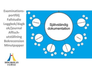 Examinations-
portfölj
Fallstudie
Loggbok/dagb
ok/journal
Affisch-
utställning
Bokrecension
Minutpapper
 