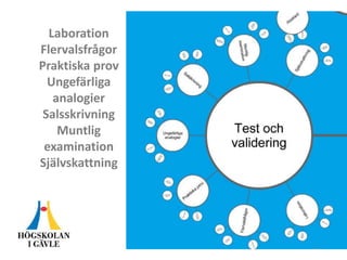 Laboration
Flervalsfrågor
Praktiska prov
Ungefärliga
analogier
Salsskrivning
Muntlig
examination
Självskattning
 