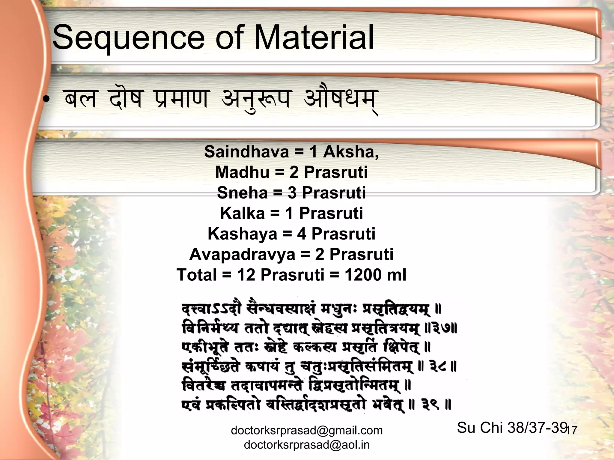 Sequence of Material
• oÉsÉ SÉãwÉ mÉëqÉÉhÉ AlÉÑÃmÉ AÉæwÉkÉqÉç
                   Saindhava = 1 Aksha,
                     Madhu = 2 Prasruti
                     Sneha = 3 Prasruti
                      Kalka = 1 Prasruti
                   Kashaya = 4 Prasruti
                 Avapadravya = 2 Prasruti
                Total = 12 Prasruti = 1200 ml




                      doctorksrprasad@gmail.com   Su Chi 38/37-3917
                        doctorksrprasad@aol.in
 
