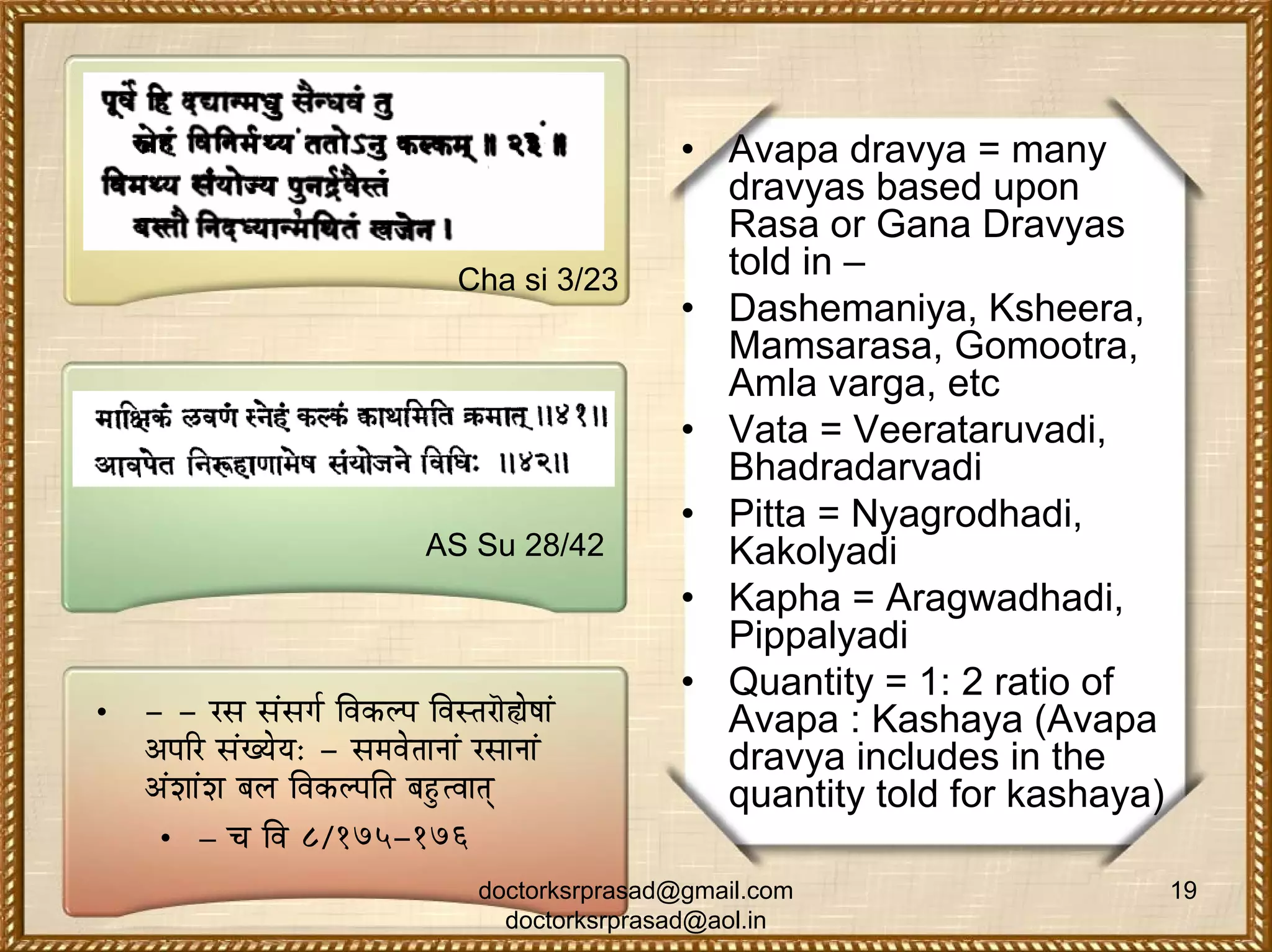 • Avapa dravya = many
                                                        dravyas based upon
                                                        Rasa or Gana Dravyas
                                    Cha si 3/23
                                                        told in –
                                                      • Dashemaniya, Ksheera,
                                                        Mamsarasa, Gomootra,
                                                        Amla varga, etc
                                                      • Vata = Veerataruvadi,
                                                        Bhadradarvadi
                                                      • Pitta = Nyagrodhadi,
                                AS Su 28/42             Kakolyadi
                                                      • Kapha = Aragwadhadi,
                                                        Pippalyadi
                                                      • Quantity = 1: 2 ratio of
•   - - UxÉ xÉÇxÉaÉï ÌuÉMüsmÉ ÌuÉxiÉUÉã½åwÉÉÇ           Avapa : Kashaya (Avapa
    AmÉËU xÉÇZrÉårÉ: - xÉqÉuÉåiÉÉlÉÉÇ UxÉÉlÉÉÇ          dravya includes in the
    AÇzÉÉÇzÉ oÉsÉ ÌuÉMüsmÉÌiÉ oÉWÒûiuÉÉiÉç              quantity told for kashaya)
     • – cÉ ÌuÉ 8/175-176
                                      doctorksrprasad@gmail.com                      19
                                        doctorksrprasad@aol.in
 
