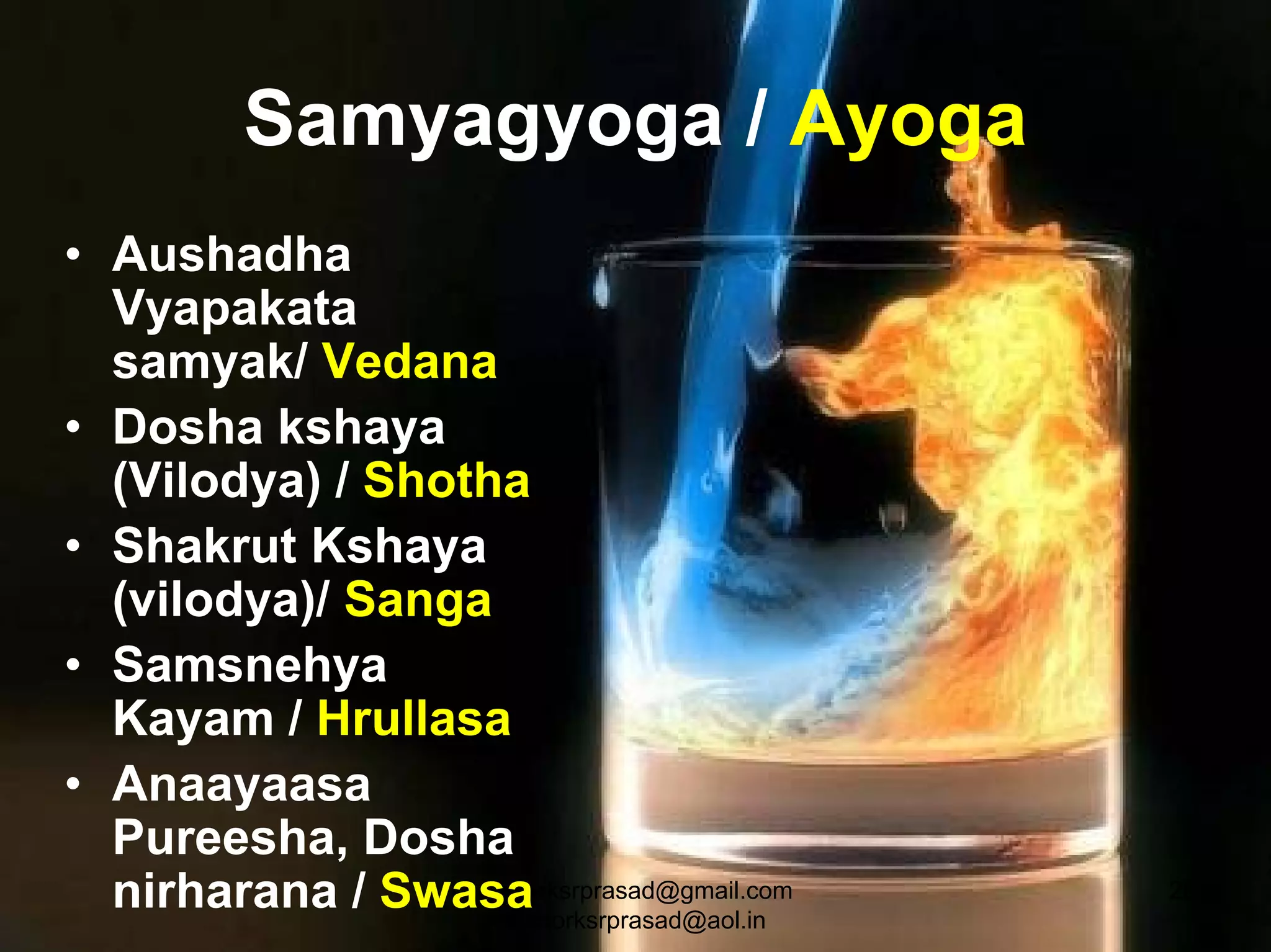 Samyagyoga / Ayoga
• Aushadha
  Vyapakata
  samyak/ Vedana
• Dosha kshaya
  (Vilodya) / Shotha
• Shakrut Kshaya
  (vilodya)/ Sanga
• Samsnehya
  Kayam / Hrullasa
• Anaayaasa
  Pureesha, Dosha
  nirharana / Swasa
                  doctorksrprasad@gmail.com
                    doctorksrprasad@aol.in
                                              26
 