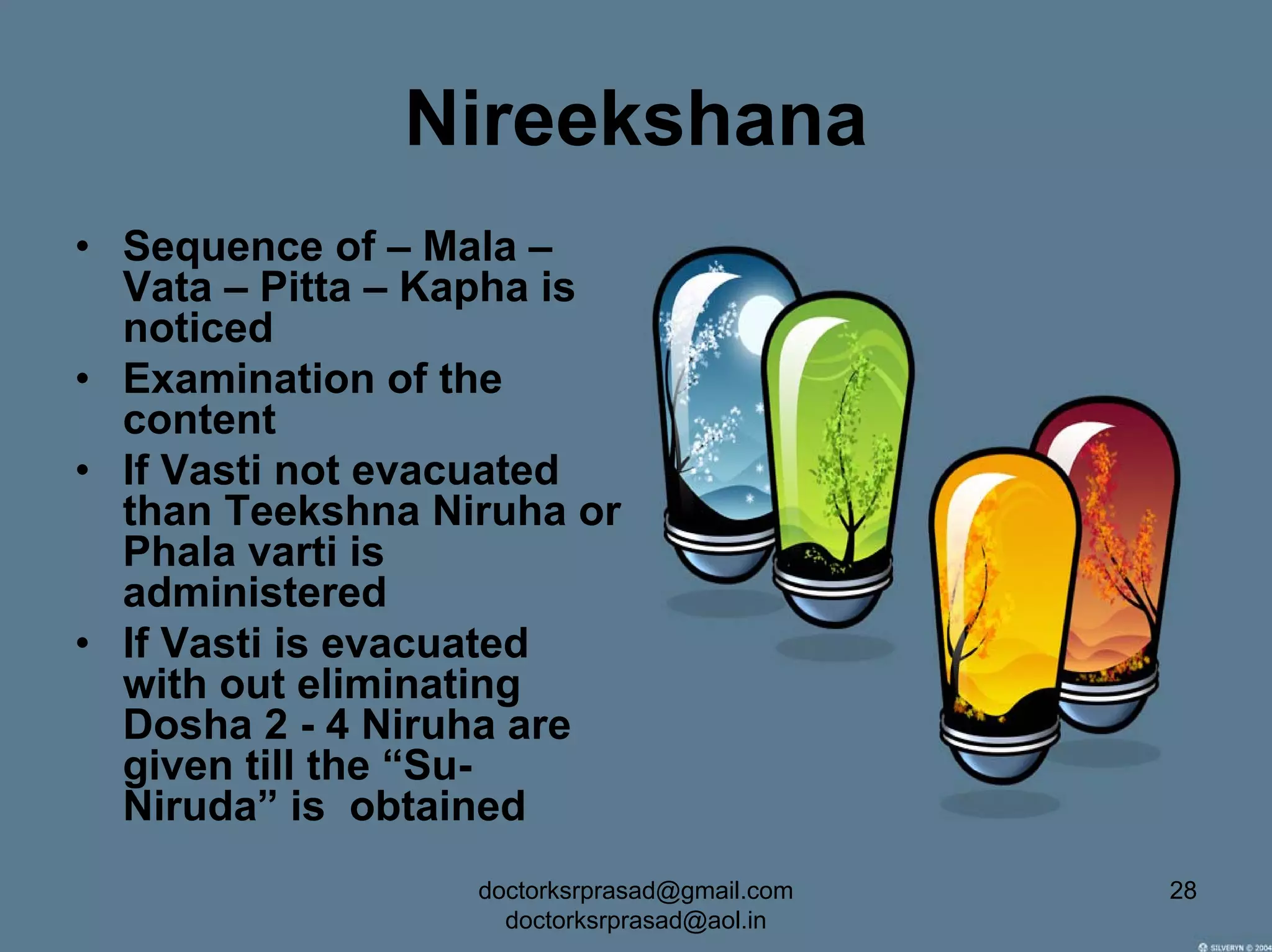 Nireekshana
• Sequence of – Mala –
  Vata – Pitta – Kapha is
  noticed
• Examination of the
  content
• If Vasti not evacuated
  than Teekshna Niruha or
  Phala varti is
  administered
• If Vasti is evacuated
  with out eliminating
  Dosha 2 - 4 Niruha are
  given till the “Su-
  Niruda” is obtained
                  doctorksrprasad@gmail.com   28
                    doctorksrprasad@aol.in
 