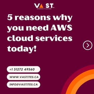 5 reasons why
you need AWS
cloud services
today!
WWW.VASTITES.CA
INFO@VASTITES.CA
+1 31272 49560
 
