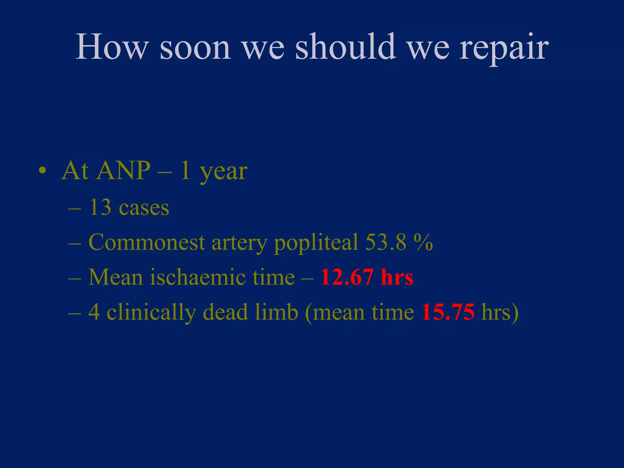 How soon we should we repair
• At ANP – 1 year
– 13 cases
– Commonest artery popliteal 53.8 %
– Mean ischaemic time – 12.67 hrs
– 4 clinically dead limb (mean time 15.75 hrs)
 