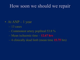 How soon we should we repair
• At ANP – 1 year
– 13 cases
– Commonest artery popliteal 53.8 %
– Mean ischaemic time – 12.67 hrs
– 4 clinically dead limb (mean time 15.75 hrs)
 
