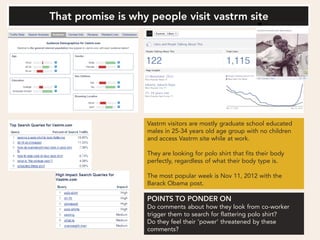 Vastrm visitors are mostly graduate school educated
males in 25-34 years old age group with no children
and access Vastrm site while at work.

They are looking for polo shirt that fits their body
perfectly, regardless of what their body type is.

The most popular week is Nov 11, 2012 with the
Barack Obama post.


Do comments about how they look from co-worker
trigger them to search for flattering polo shirt?
Do they feel their ‘power’ threatened by these
comments?
 