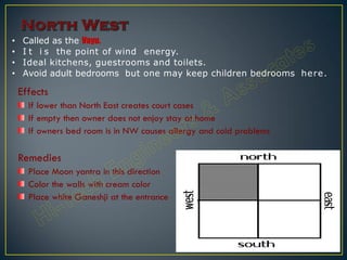 Effects
If lower than North East creates court cases
If empty then owner does not enjoy stay at home
If owners bed room is in NW causes allergy and cold problems
Remedies
Place Moon yantra in this direction
Color the walls with cream color
Place white Ganeshji at the entrance
• Called as the Vayu.
• I t i s the point of wind energy.
• Ideal kitchens, guestrooms and toilets.
• Avoid adult bedrooms but one may keep children bedrooms here.
 